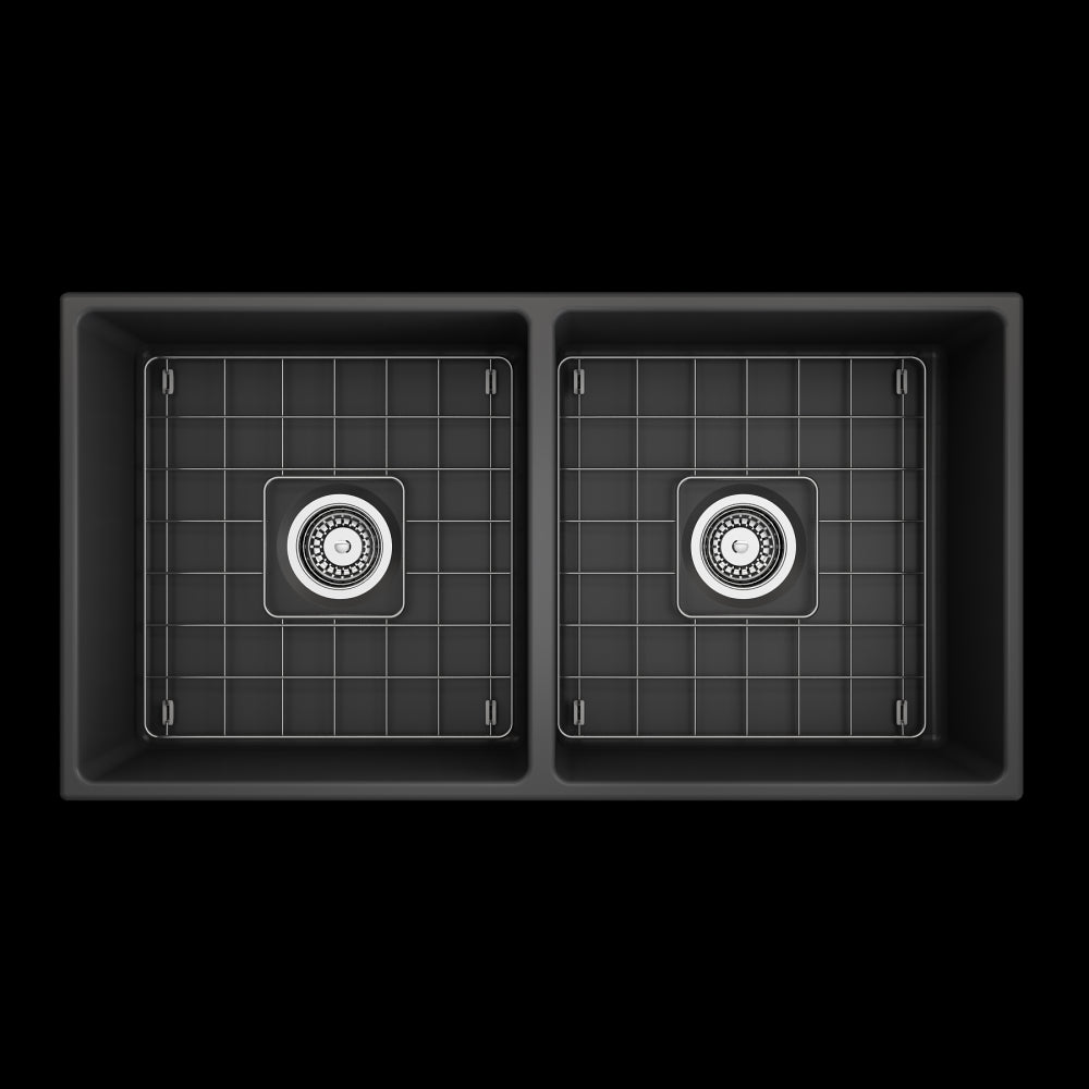 Contempo Apron Front Fireclay 36 in. Double Bowl Kitchen Sink with Protective Bottom Grids and Strainers in Matte Dark Gray