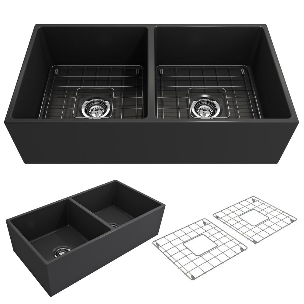 Contempo Apron Front Fireclay 36 in. Double Bowl Kitchen Sink with Protective Bottom Grids and Strainers in Matte Dark Gray