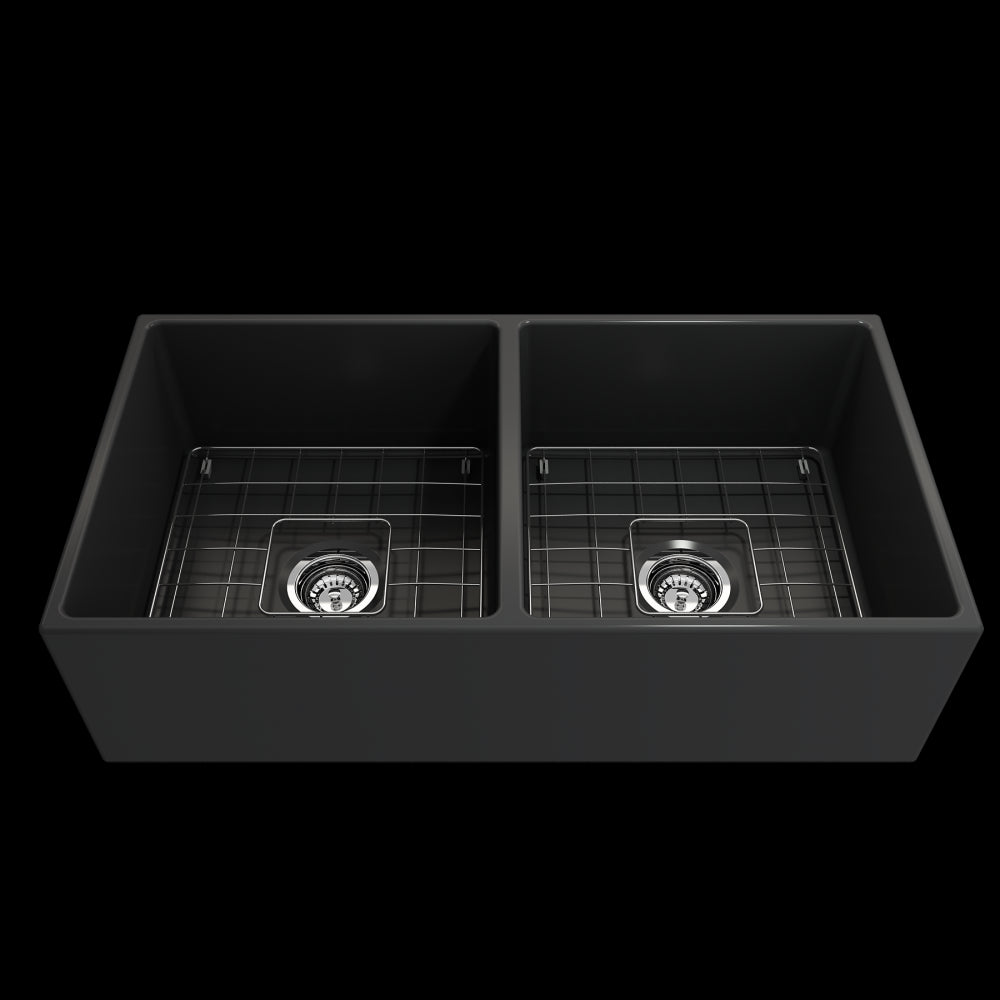 Contempo Apron Front Fireclay 36 in. Double Bowl Kitchen Sink with Protective Bottom Grids and Strainers in Matte Dark Gray