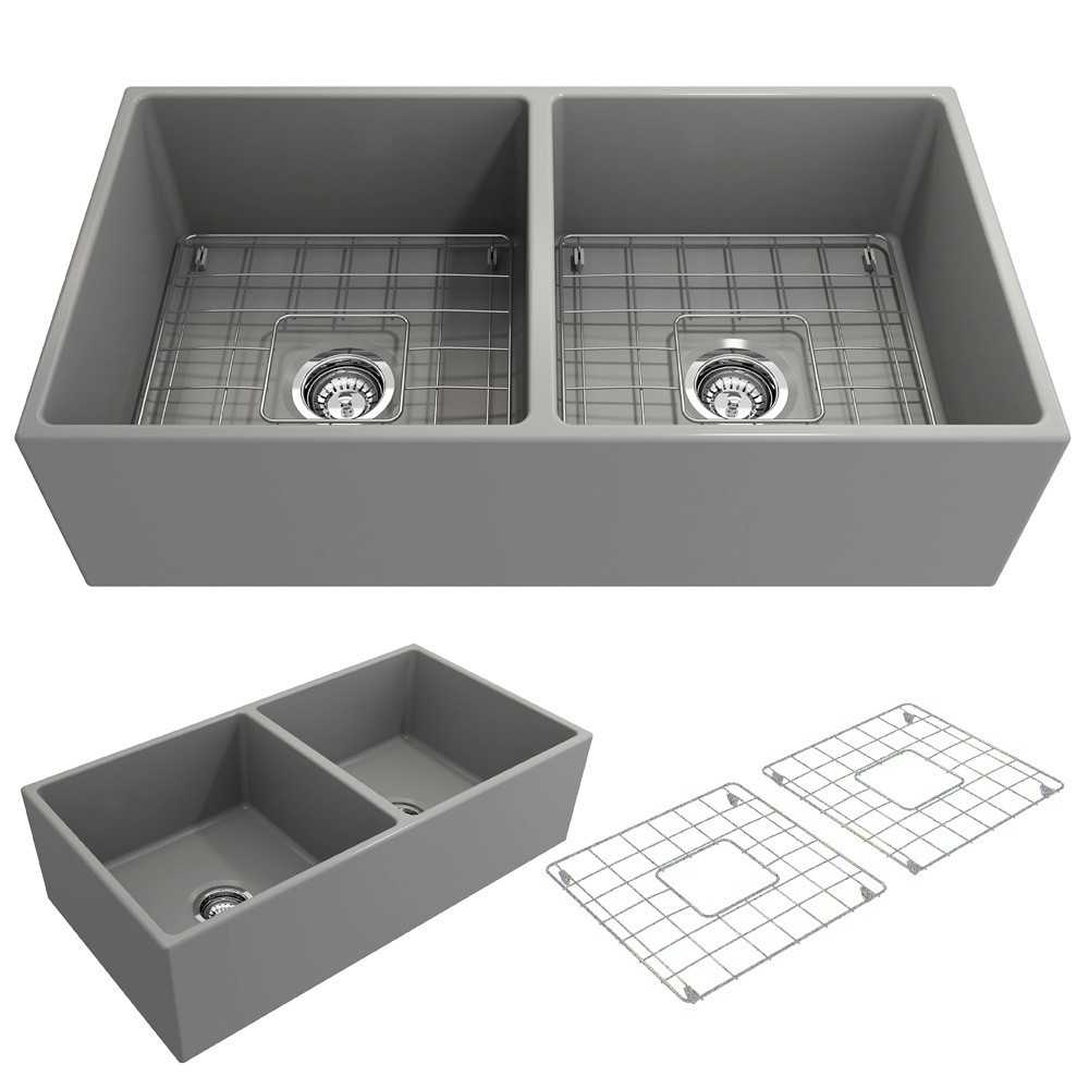 Contempo Apron Front Fireclay 36 in. Double Bowl Kitchen Sink with Protective Bottom Grids and Strainers in Matte Gray