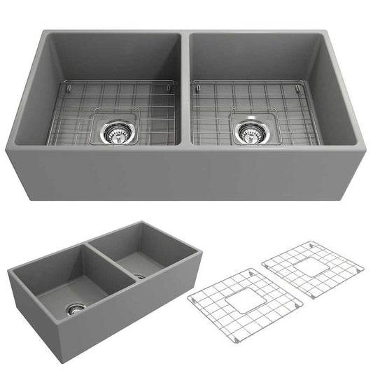 Contempo Apron Front Fireclay 36 in. Double Bowl Kitchen Sink with Protective Bottom Grids and Strainers in Matte Gray