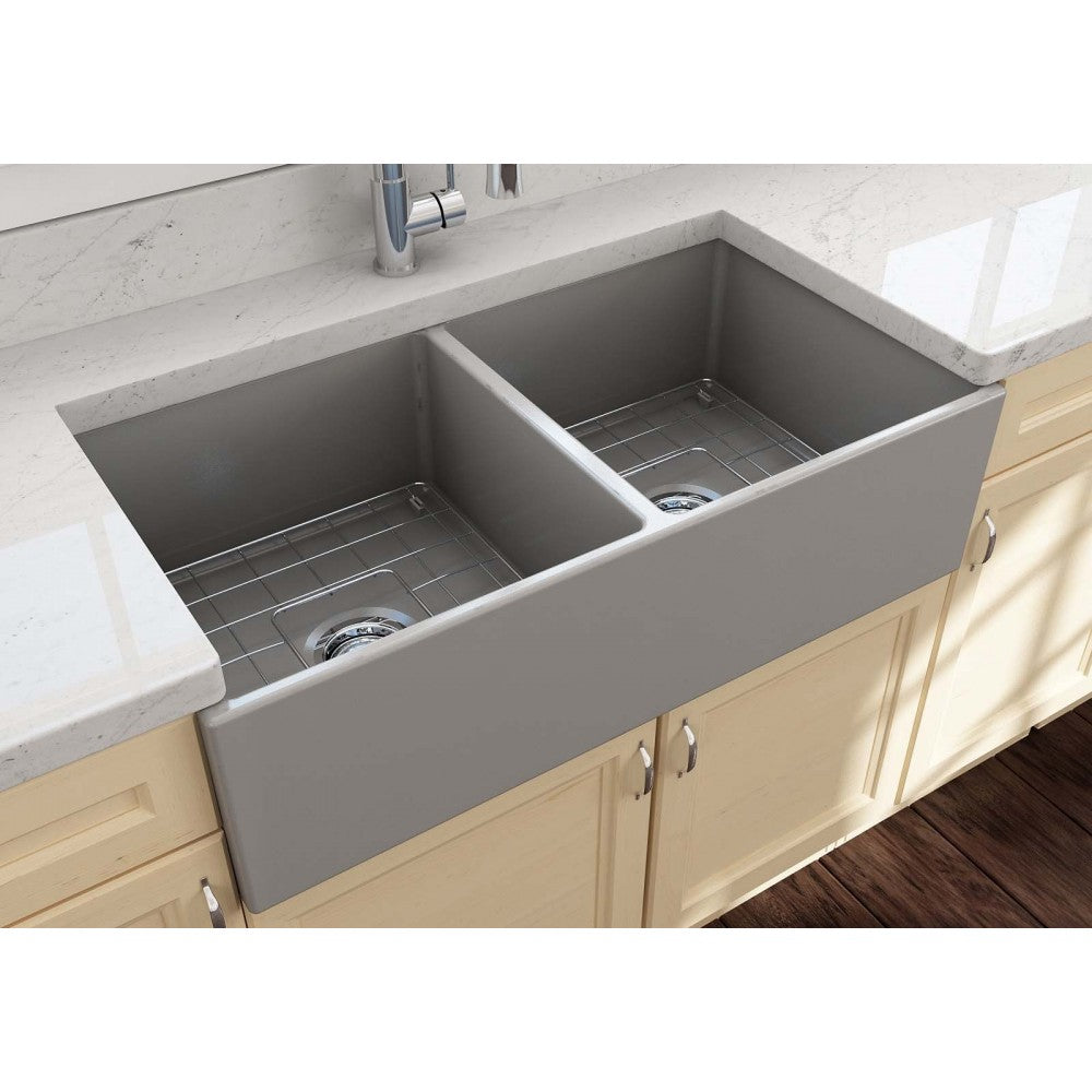Contempo Apron Front Fireclay 36 in. Double Bowl Kitchen Sink with Protective Bottom Grids and Strainers in Matte Gray
