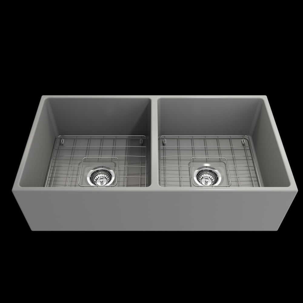 Contempo Apron Front Fireclay 36 in. Double Bowl Kitchen Sink with Protective Bottom Grids and Strainers in Matte Gray