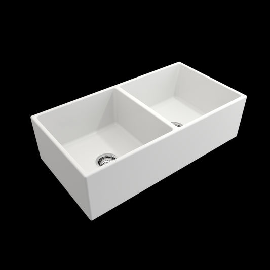 Contempo Apron Front Fireclay 36 in. Double Bowl Kitchen Sink with Protective Bottom Grids and Strainers in Matte White