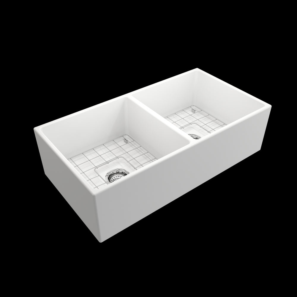 Contempo Apron Front Fireclay 36 in. Double Bowl Kitchen Sink with Protective Bottom Grids and Strainers in Matte White