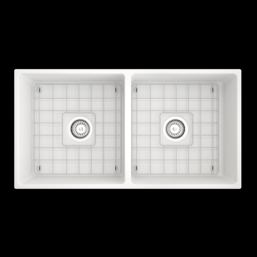 Contempo Apron Front Fireclay 36 in. Double Bowl Kitchen Sink with Protective Bottom Grids and Strainers in Matte White
