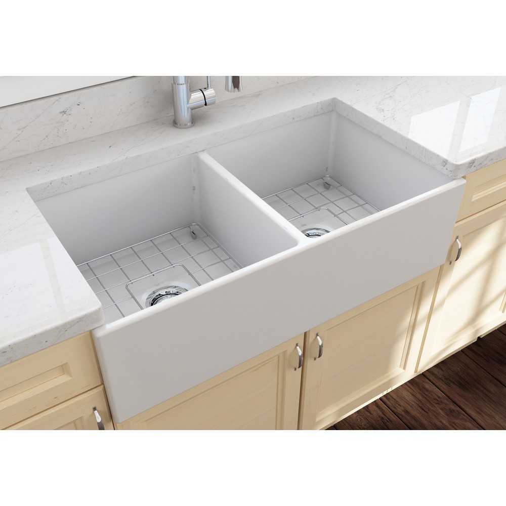 Contempo Apron Front Fireclay 36 in. Double Bowl Kitchen Sink with Protective Bottom Grids and Strainers in Matte White