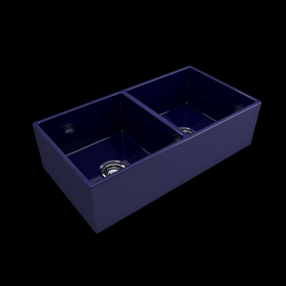 Contempo Apron Front Fireclay 36 in. Double Bowl Kitchen Sink with Protective Bottom Grids and Strainers in Sapphire Blue