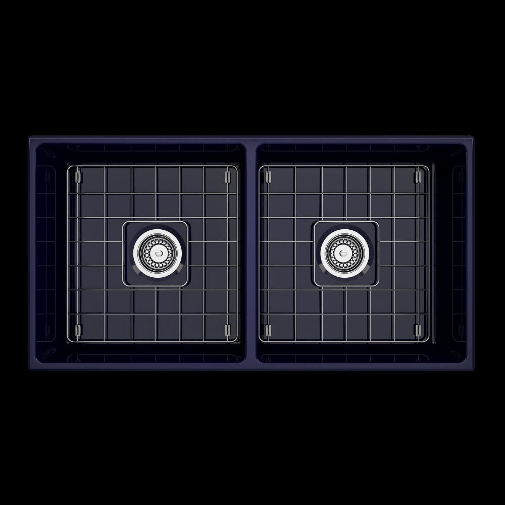 Contempo Apron Front Fireclay 36 in. Double Bowl Kitchen Sink with Protective Bottom Grids and Strainers in Sapphire Blue