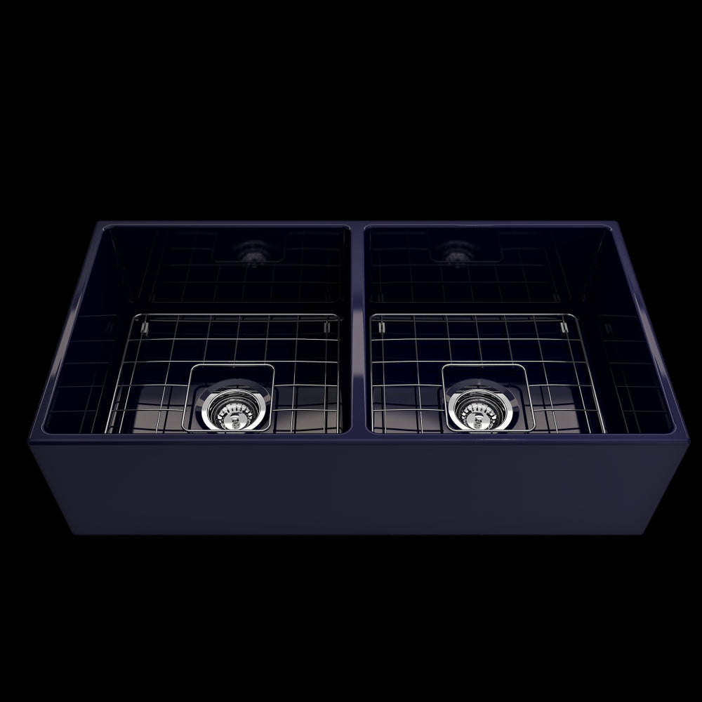 Contempo Apron Front Fireclay 36 in. Double Bowl Kitchen Sink with Protective Bottom Grids and Strainers in Sapphire Blue