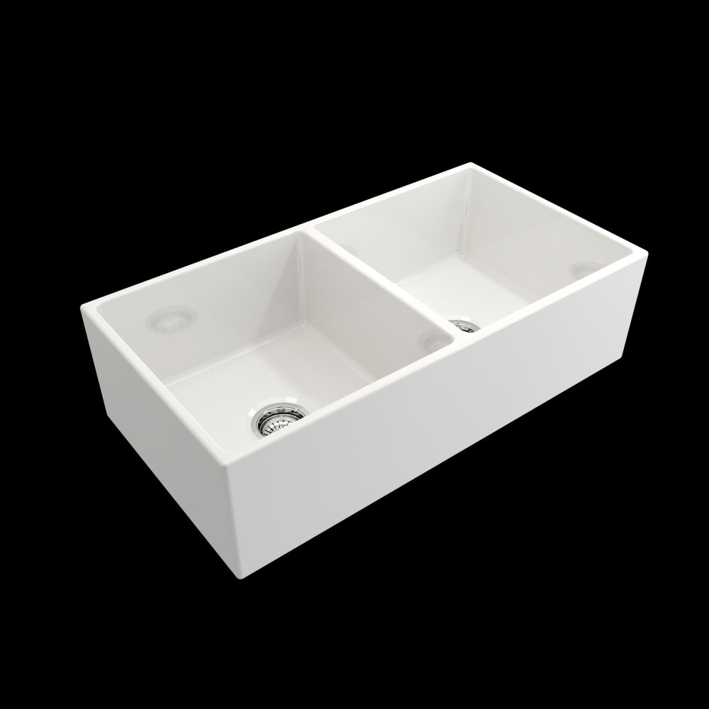 Contempo Apron Front Fireclay 36 in. Double Bowl Kitchen Sink with Protective Bottom Grids and Strainers in White