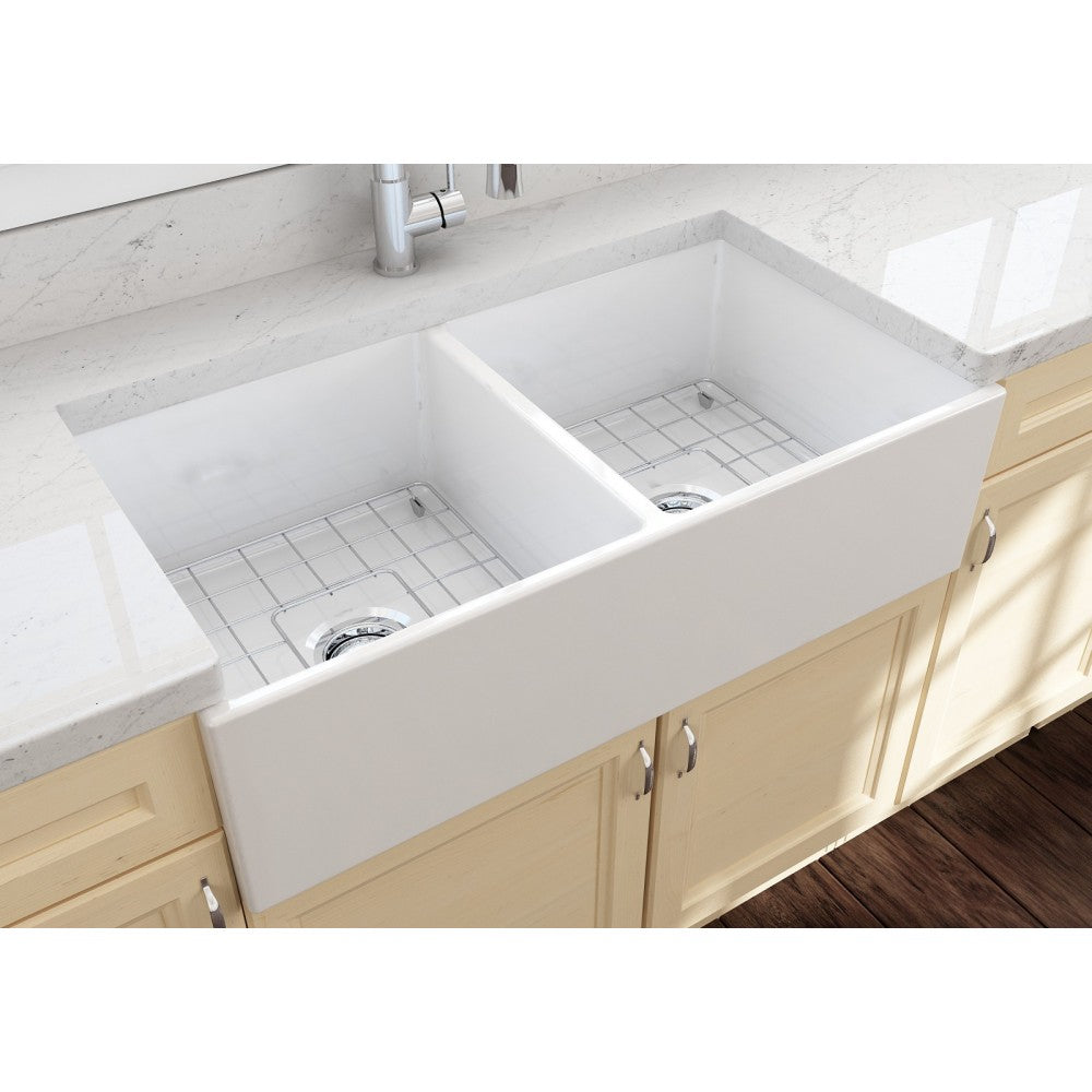 Contempo Apron Front Fireclay 36 in. Double Bowl Kitchen Sink with Protective Bottom Grids and Strainers in White