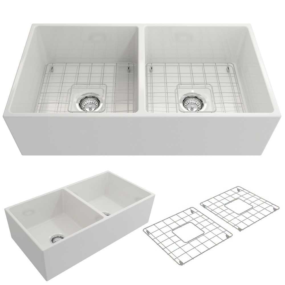Contempo Apron Front Fireclay 36 in. Double Bowl Kitchen Sink with Protective Bottom Grids and Strainers in White