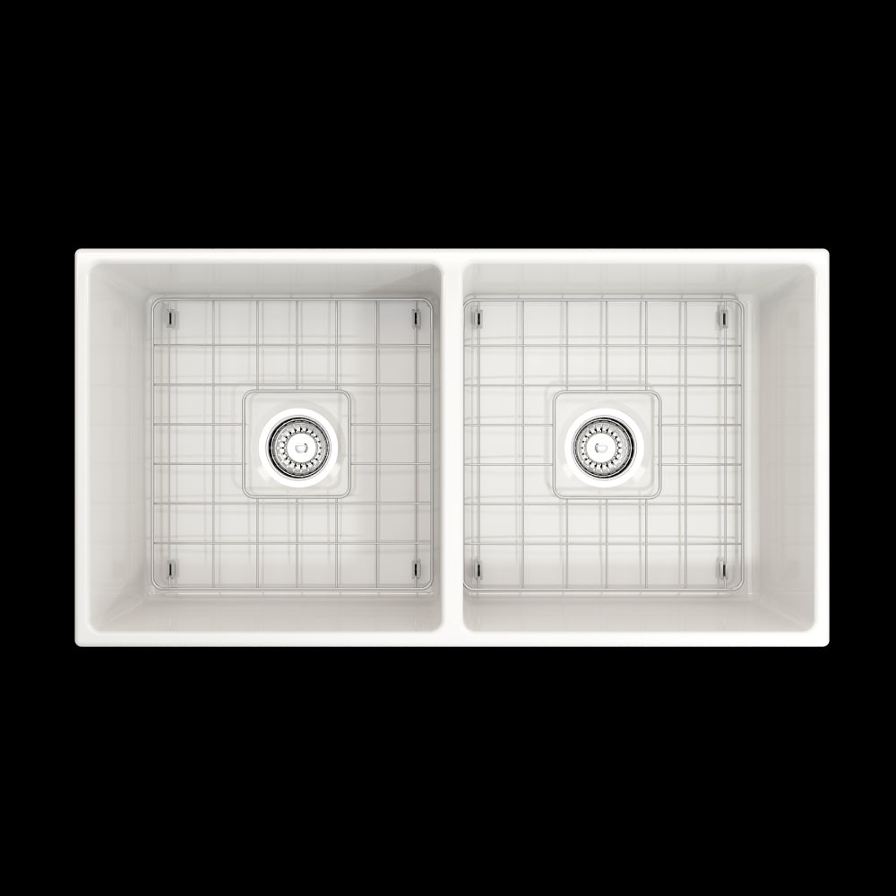 Contempo Apron Front Fireclay 36 in. Double Bowl Kitchen Sink with Protective Bottom Grids and Strainers in White
