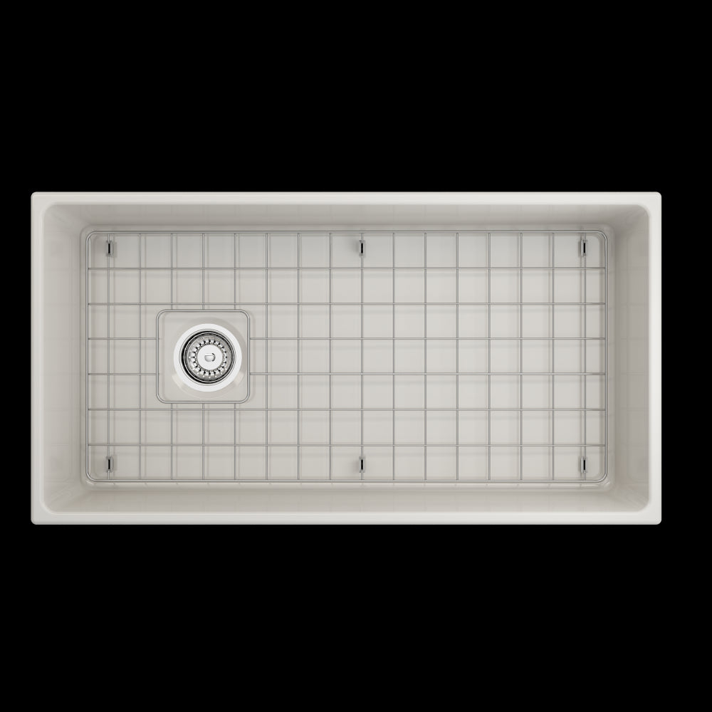 Contempo Apron Front Fireclay 36 in. Single Bowl Kitchen Sink with Protective Bottom Grid and Strainer in Biscuit