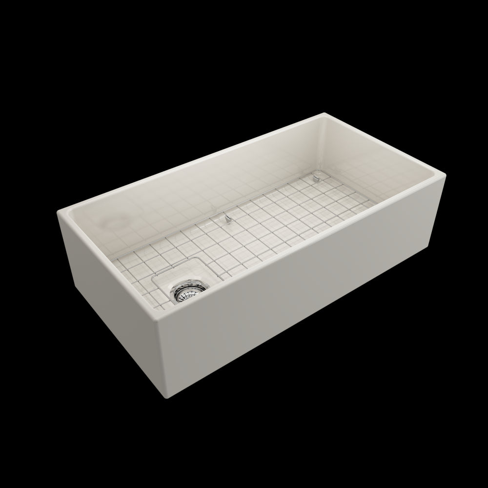 Contempo Apron Front Fireclay 36 in. Single Bowl Kitchen Sink with Protective Bottom Grid and Strainer in Biscuit