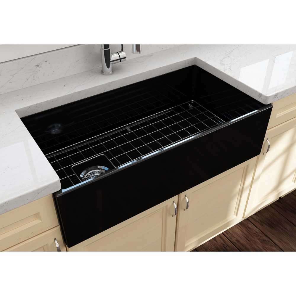 Contempo Apron Front Fireclay 36 in. Single Bowl Kitchen Sink with Protective Bottom Grid and Strainer in Black