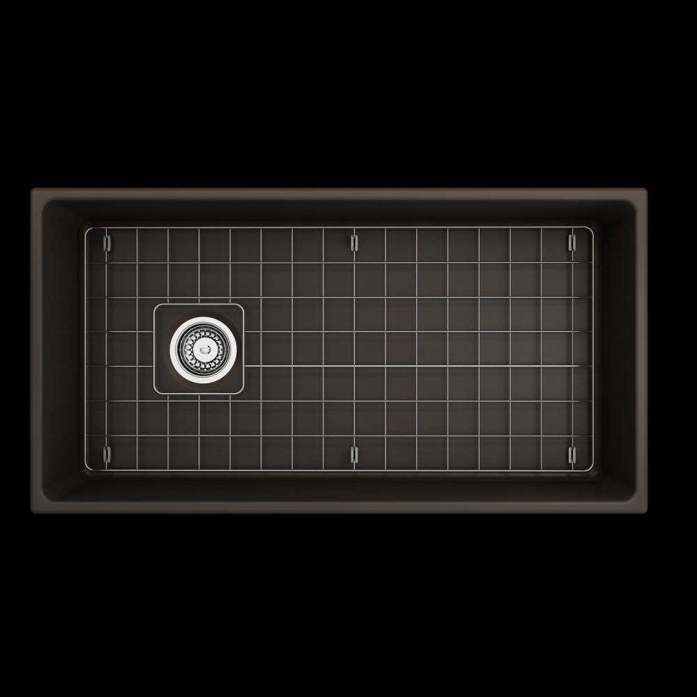 Contempo Apron Front Fireclay 36 in. Single Bowl Kitchen Sink with Protective Bottom Grid and Strainer in Matte Brown