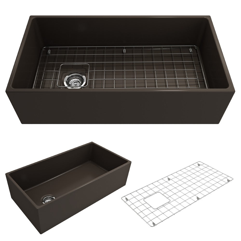 Contempo Apron Front Fireclay 36 in. Single Bowl Kitchen Sink with Protective Bottom Grid and Strainer in Matte Brown