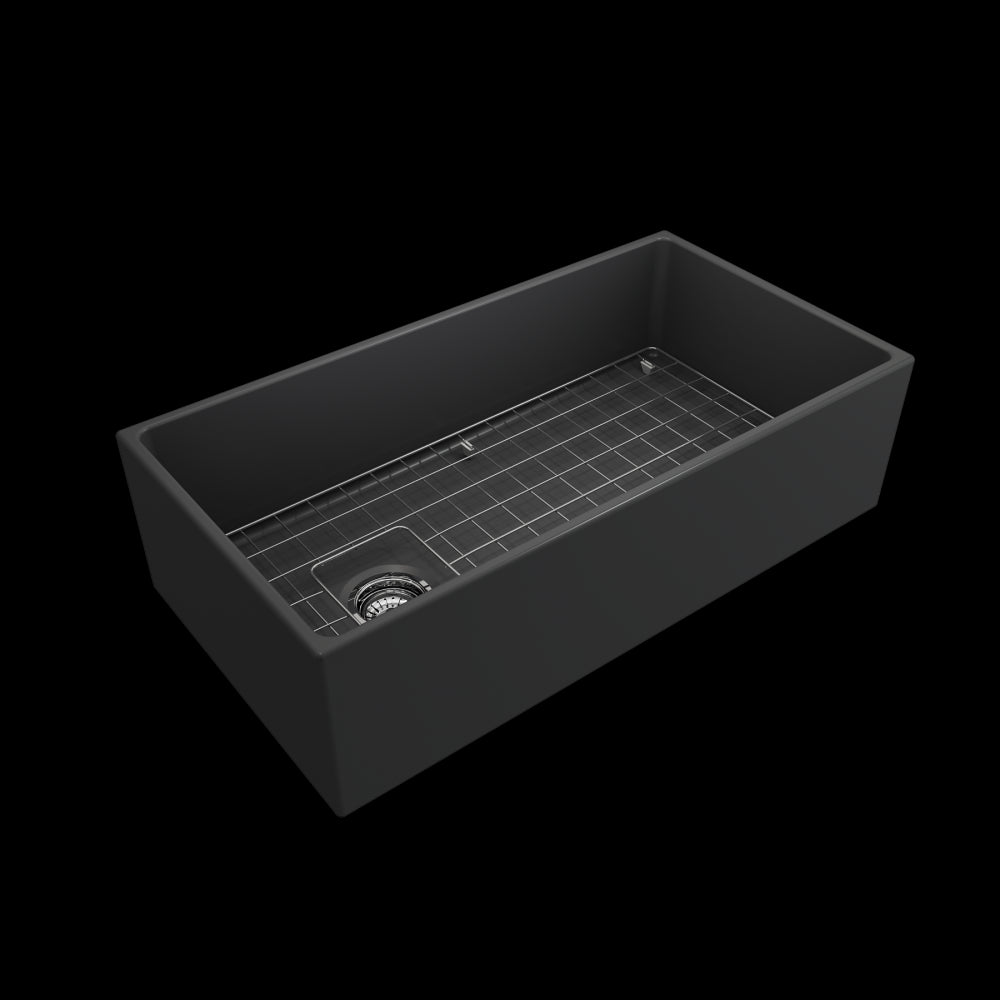 Contempo Apron Front Fireclay 36 in. Single Bowl Kitchen Sink with Protective Bottom Grid and Strainer in Matte Dark Gray