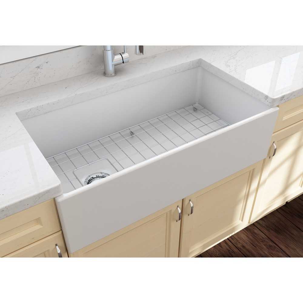 Contempo Apron Front Fireclay 36 in. Single Bowl Kitchen Sink with Protective Bottom Grid and Strainer in Matte White