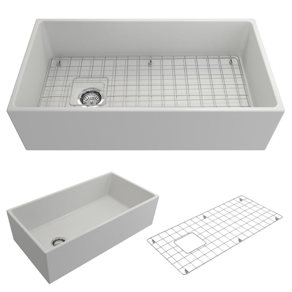 Contempo Apron Front Fireclay 36 in. Single Bowl Kitchen Sink with Protective Bottom Grid and Strainer in Matte White
