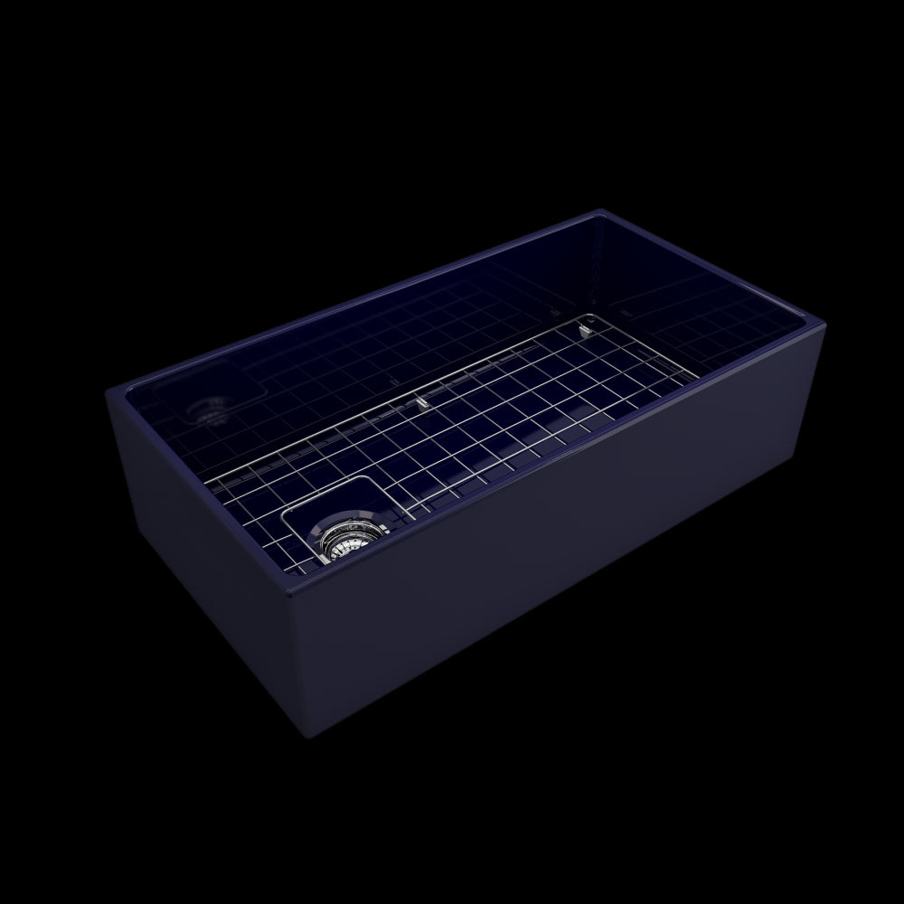 Contempo Apron Front Fireclay 36 in. Single Bowl Kitchen Sink with Protective Bottom Grid and Strainer in Sapphire Blue