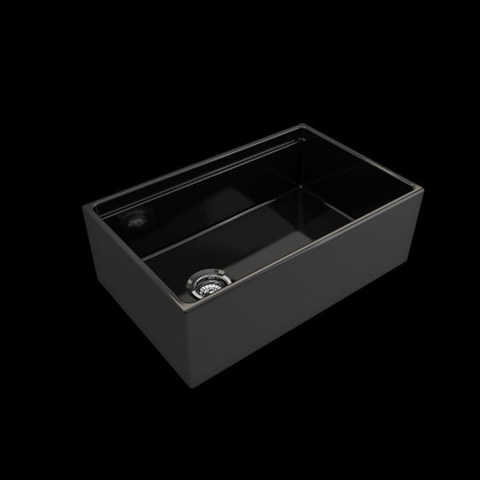 Contempo Apron Front Step Rim with Integrated Work Station Fireclay 30 in. Single Bowl Kitchen Sink with Accessories in Black