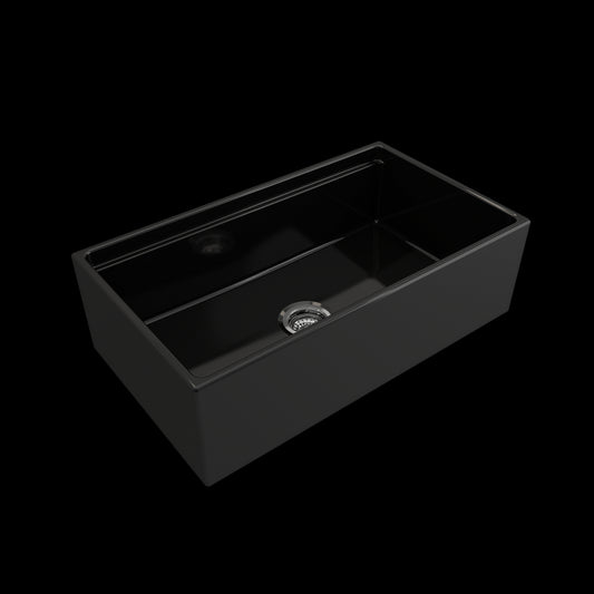 Contempo Apron Front Step Rim with Integrated Work Station Fireclay 33 in. Single Bowl Kitchen Sink with Accessories in Black