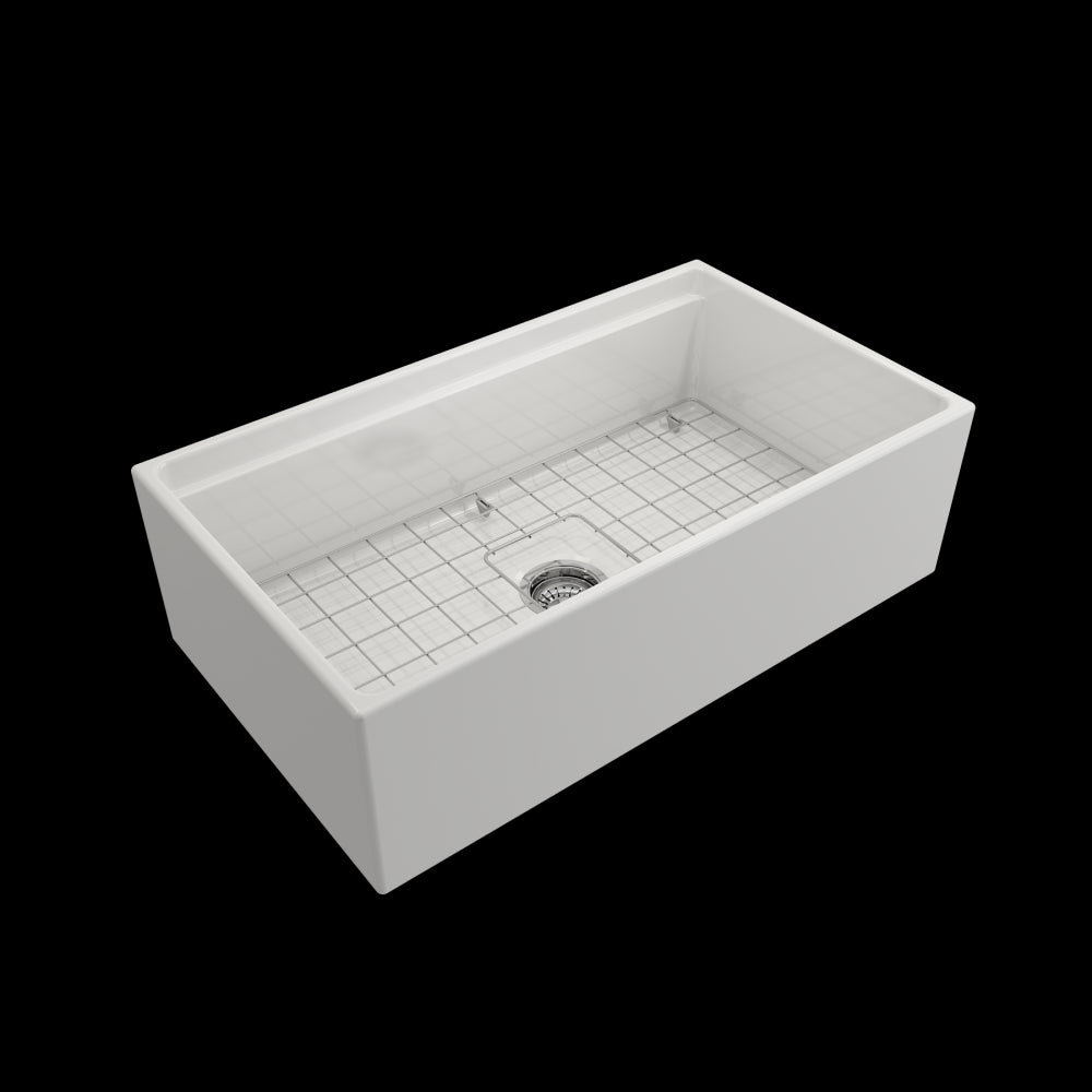 Contempo Apron Front Step Rim with Integrated Work Station Fireclay 33 in. Single Bowl Kitchen Sink with Accessories in White