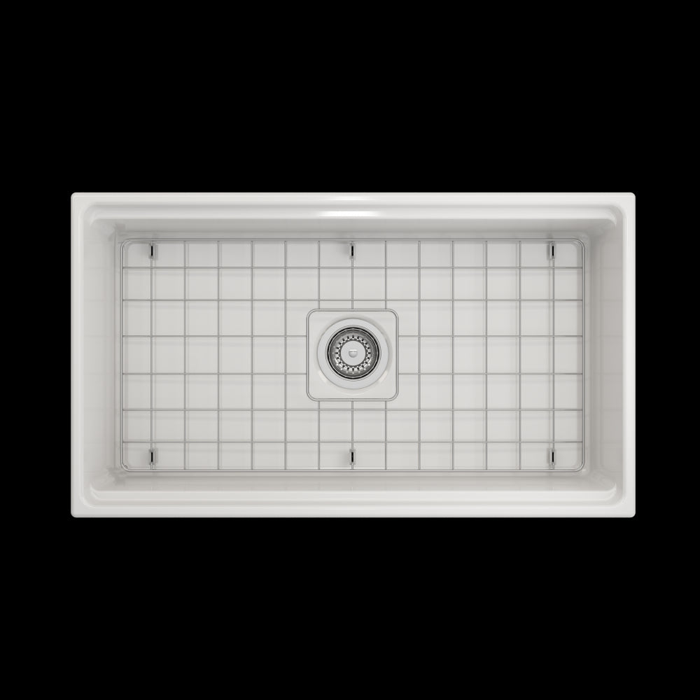 Contempo Apron Front Step Rim with Integrated Work Station Fireclay 33 in. Single Bowl Kitchen Sink with Accessories in White