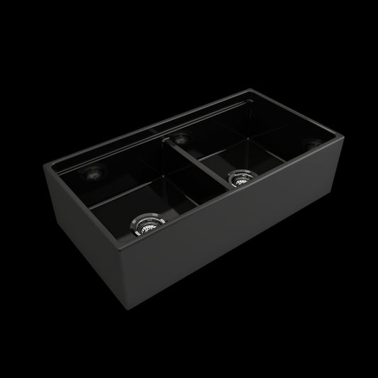 Contempo Apron Front Step Rim with Integrated Work Station Fireclay 36 in. Double Bowl Kitchen Sink with Accessories in Black