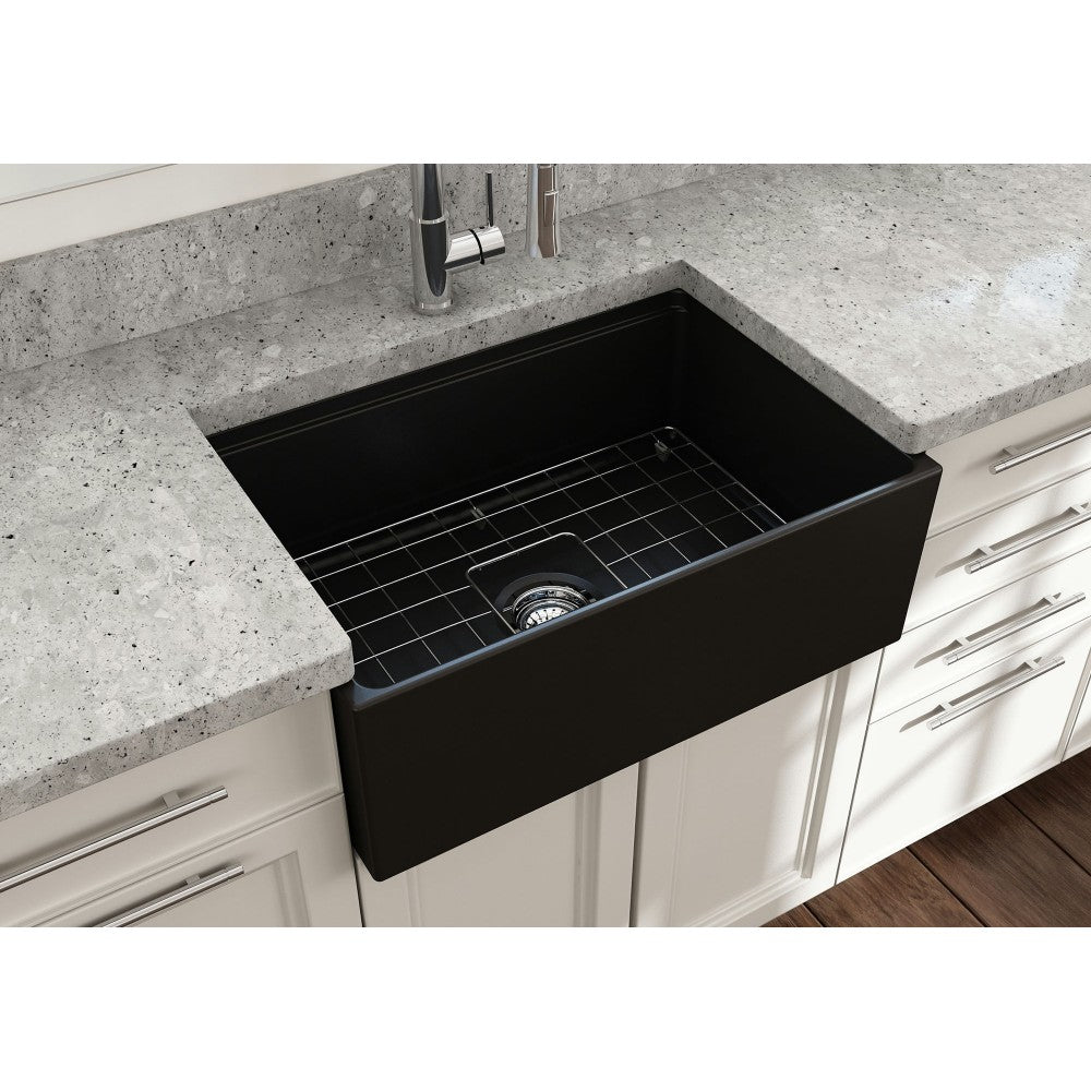Contempo Step-Rim Apron Front Fireclay 27 in. Single Kitchen Sink in Matte Black