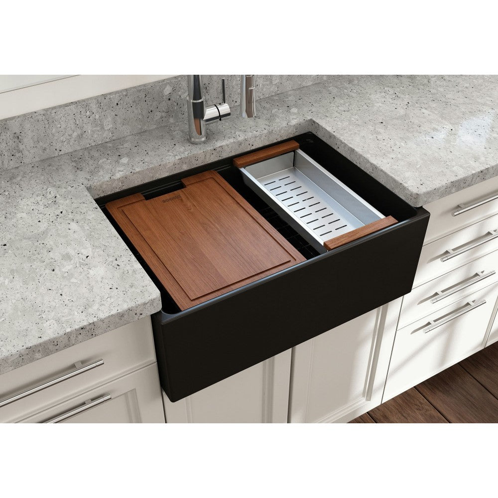 Contempo Step-Rim Apron Front Fireclay 27 in. Single Kitchen Sink in Matte Black