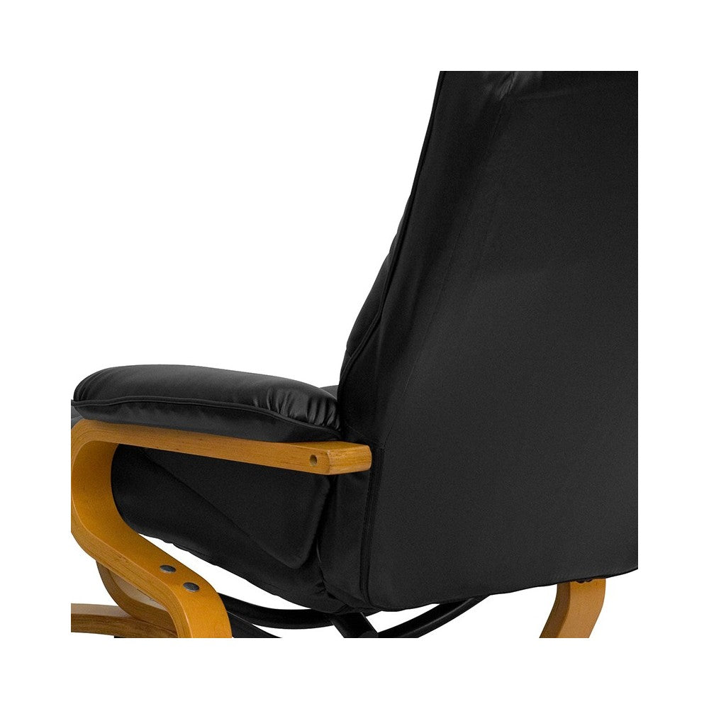 Contemporary Adjustable Recliner and Ottoman with Swivel Maple Wood Base in Black LeatherSoft