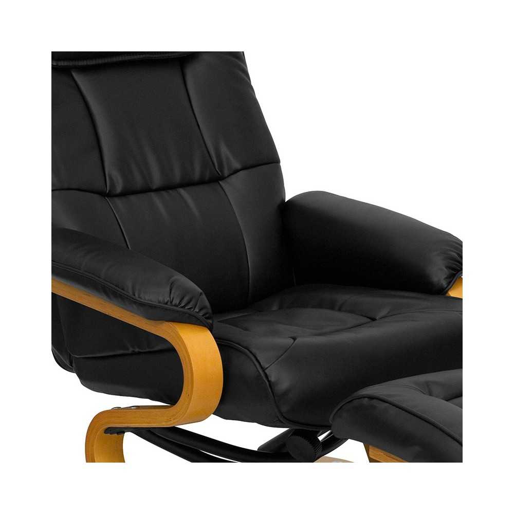 Contemporary Adjustable Recliner and Ottoman with Swivel Maple Wood Base in Black LeatherSoft