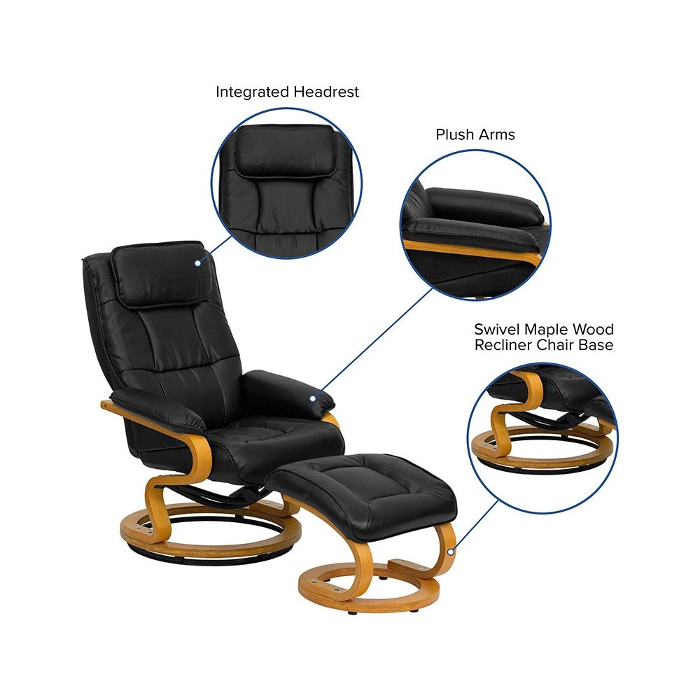 Contemporary Adjustable Recliner and Ottoman with Swivel Maple Wood Base in Black LeatherSoft