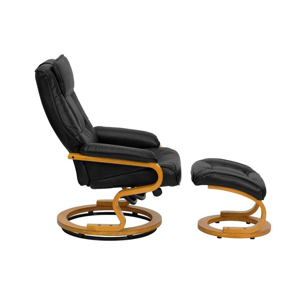 Contemporary Adjustable Recliner and Ottoman with Swivel Maple Wood Base in Black LeatherSoft
