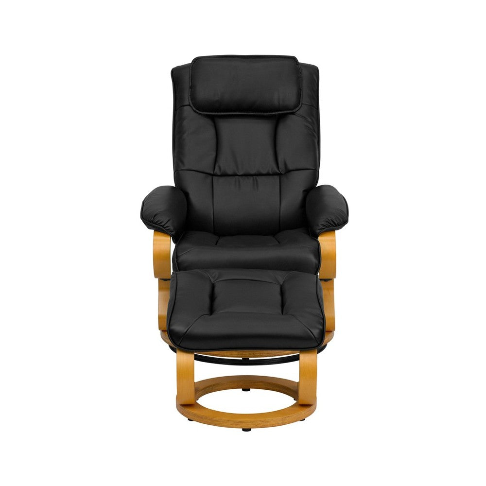 Contemporary Adjustable Recliner and Ottoman with Swivel Maple Wood Base in Black LeatherSoft
