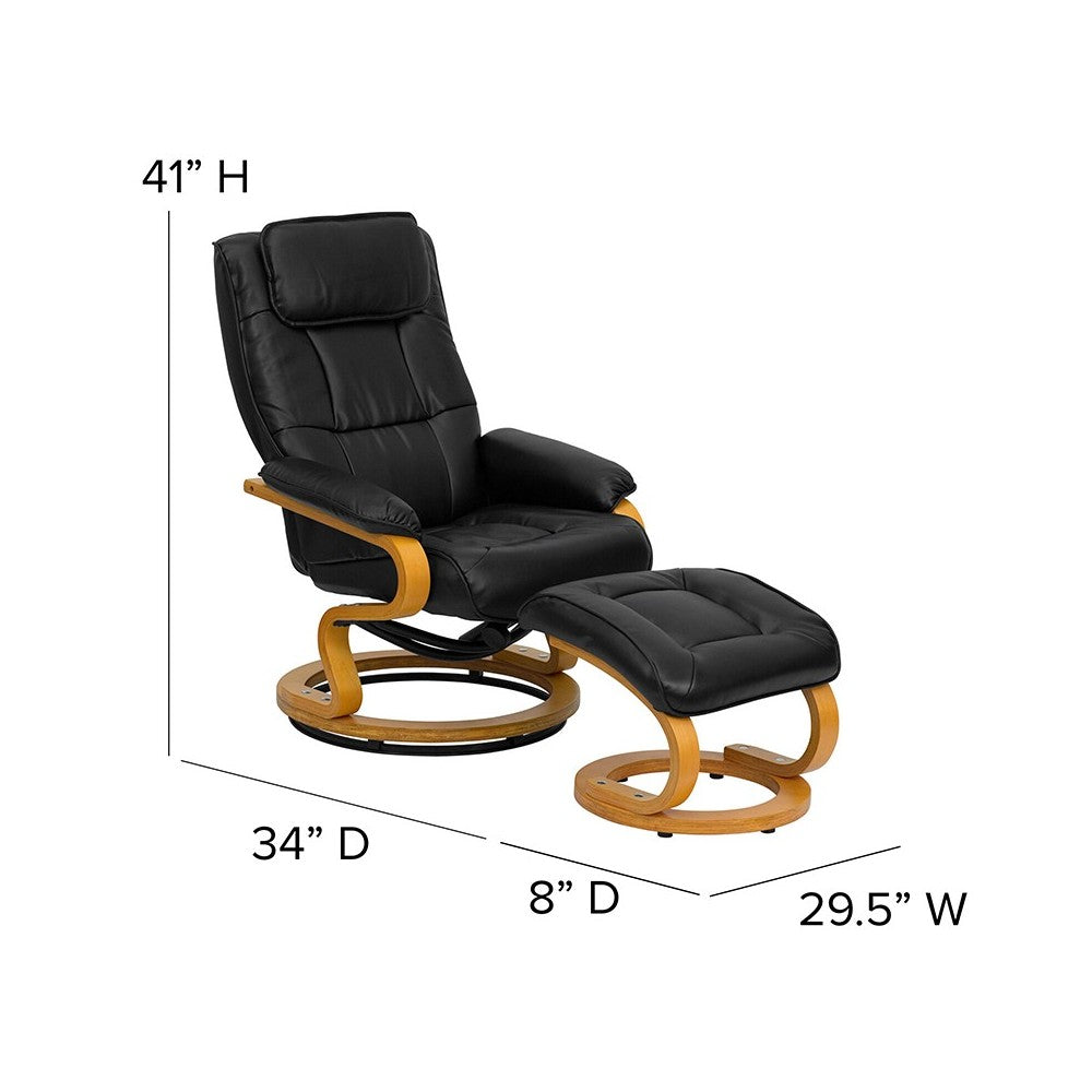 Contemporary Adjustable Recliner and Ottoman with Swivel Maple Wood Base in Black LeatherSoft