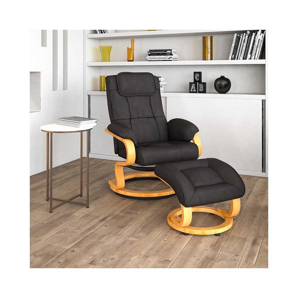 Contemporary Adjustable Recliner and Ottoman with Swivel Maple Wood Base in Black LeatherSoft