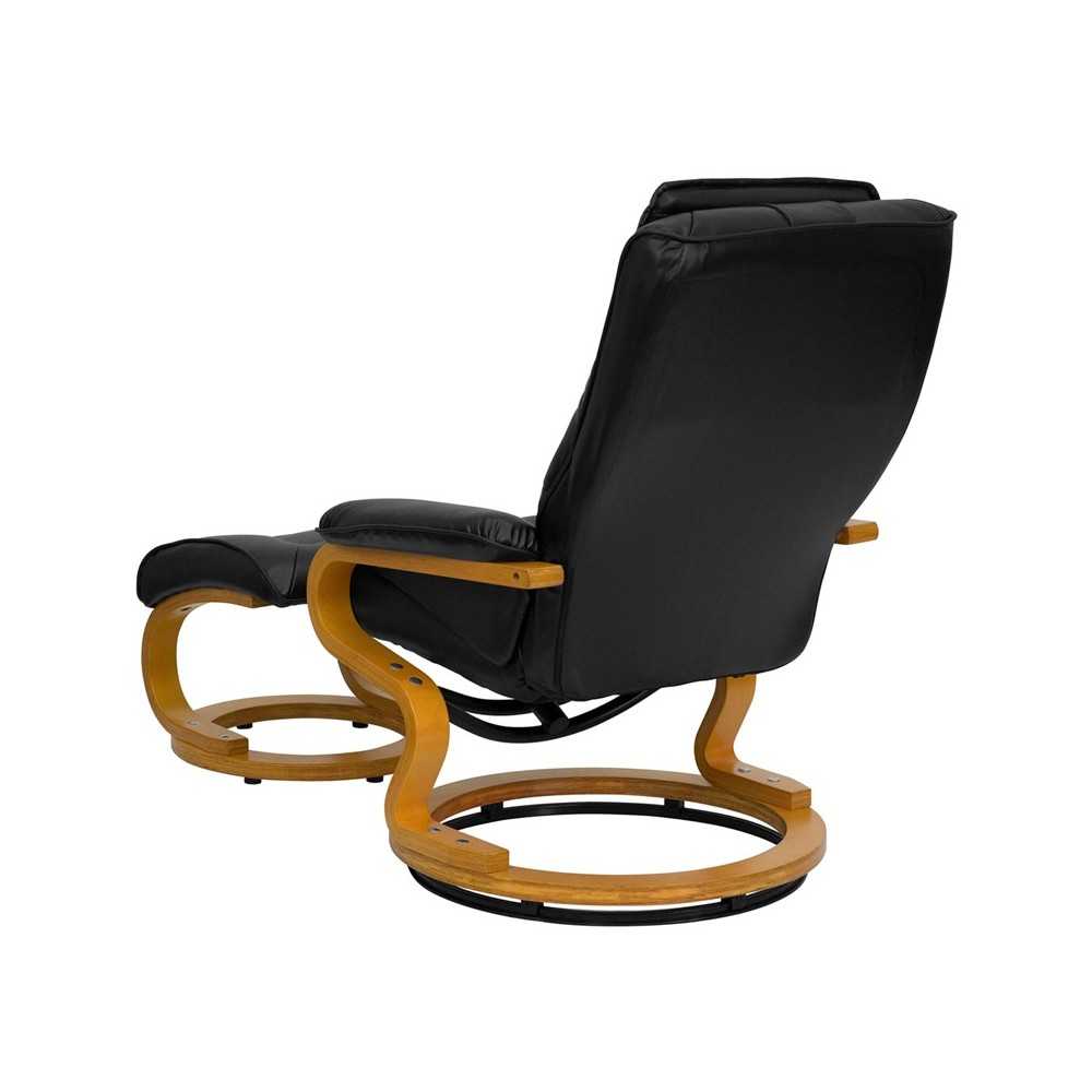 Contemporary Adjustable Recliner and Ottoman with Swivel Maple Wood Base in Black LeatherSoft