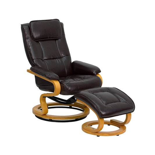 Contemporary Adjustable Recliner and Ottoman with Swivel Maple Wood Base in Brown LeatherSoft