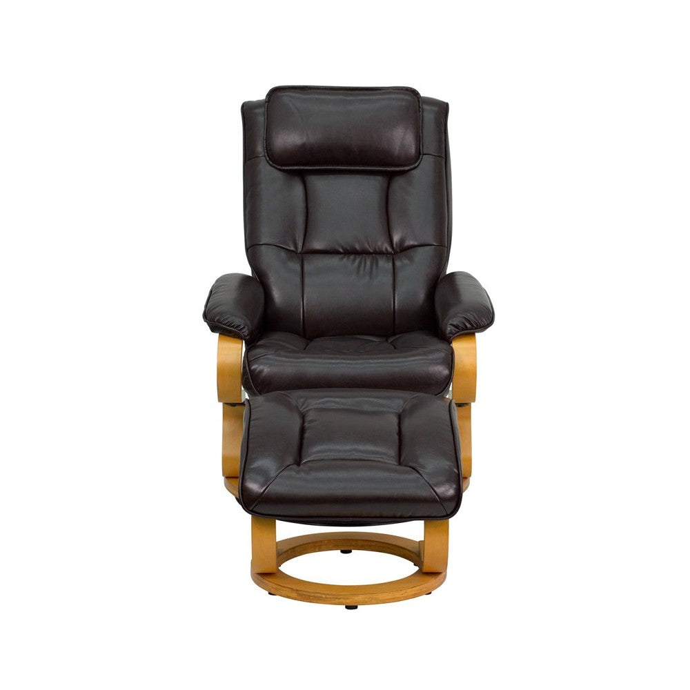 Contemporary Adjustable Recliner and Ottoman with Swivel Maple Wood Base in Brown LeatherSoft