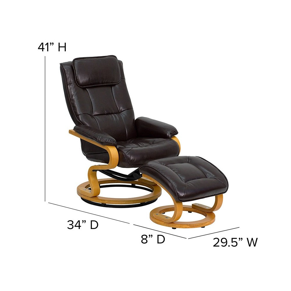 Contemporary Adjustable Recliner and Ottoman with Swivel Maple Wood Base in Brown LeatherSoft