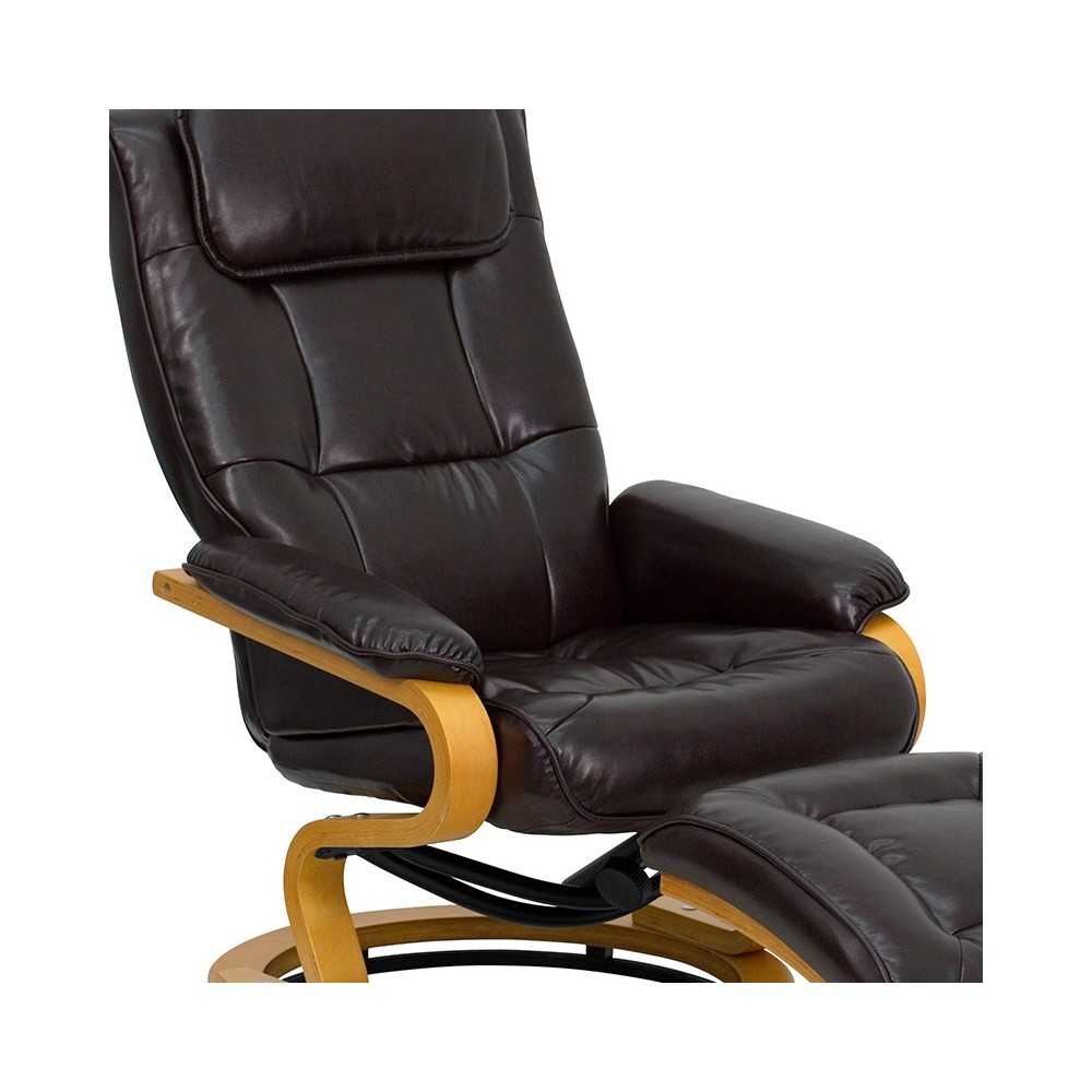 Contemporary Adjustable Recliner and Ottoman with Swivel Maple Wood Base in Brown LeatherSoft
