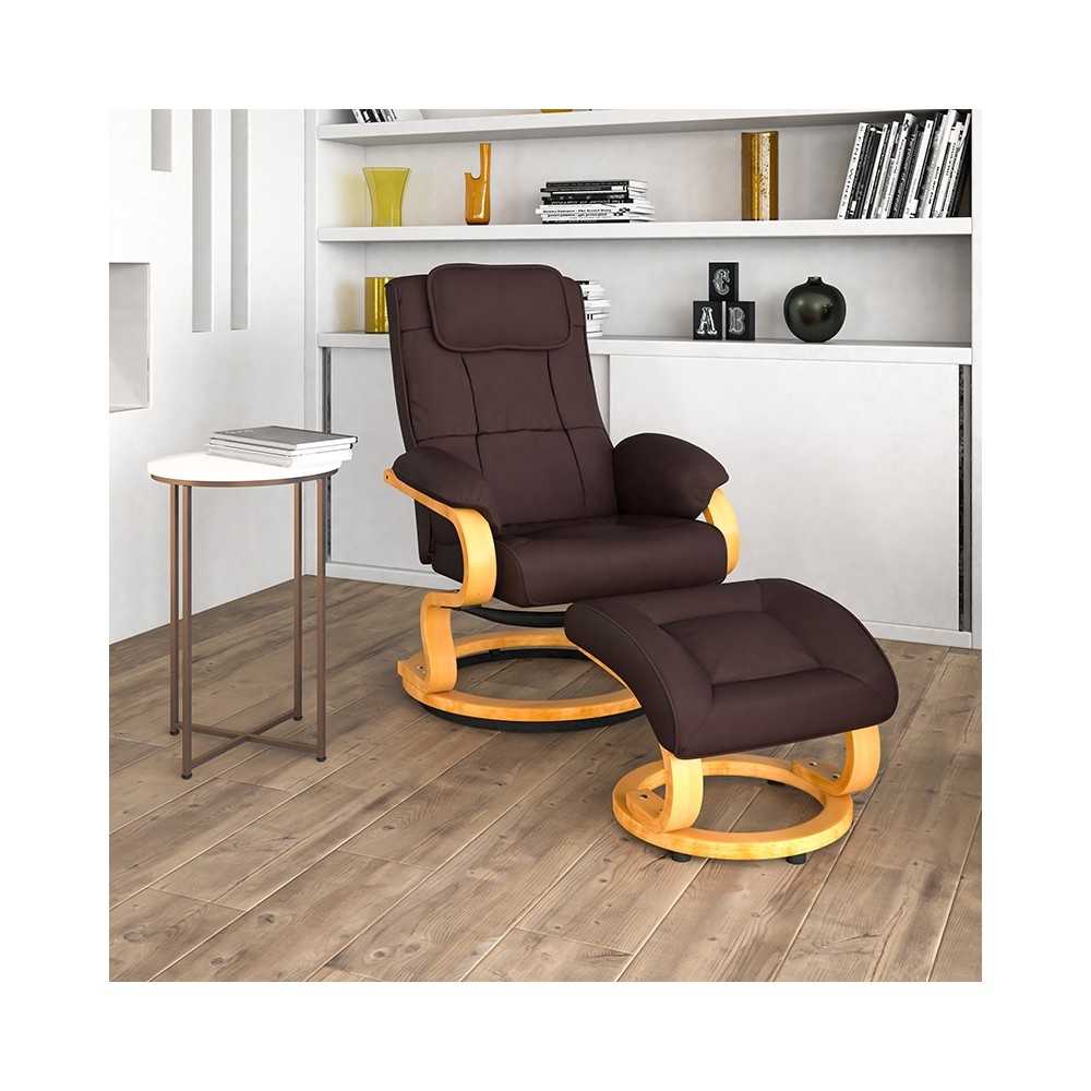 Contemporary Adjustable Recliner and Ottoman with Swivel Maple Wood Base in Brown LeatherSoft