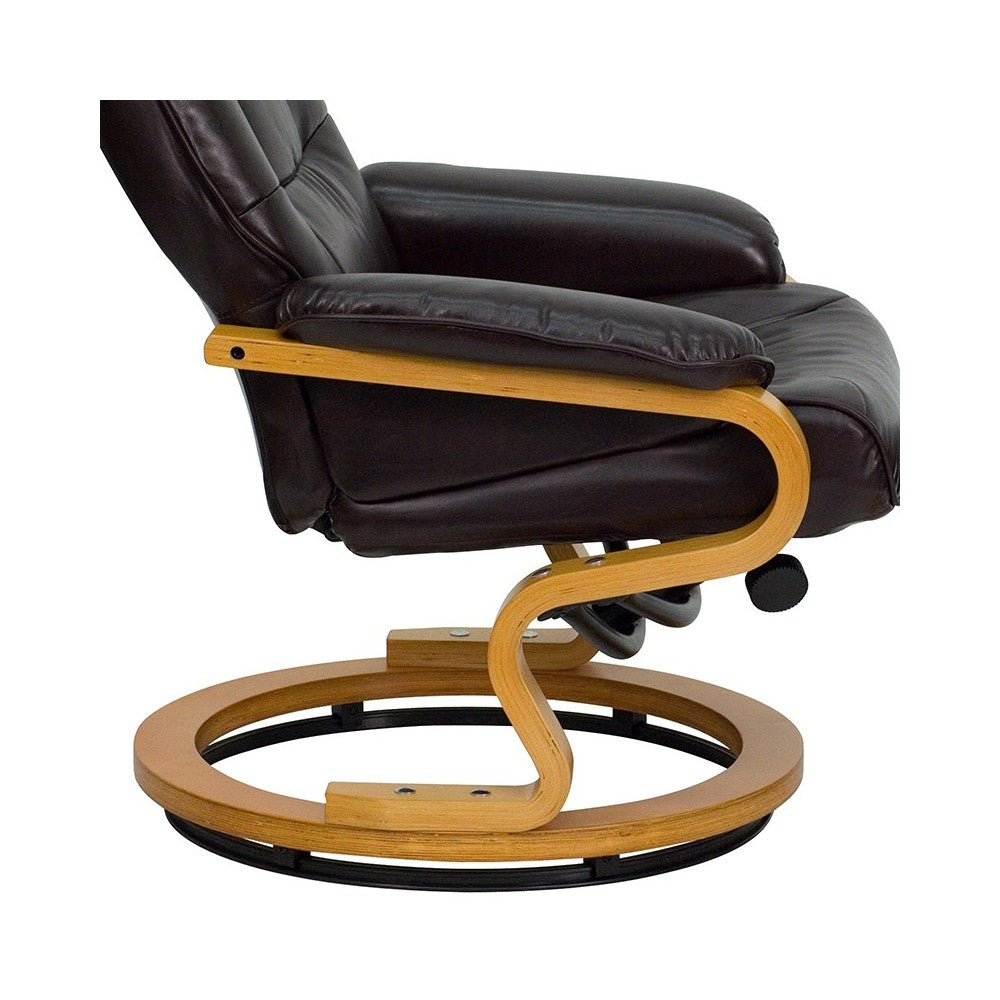 Contemporary Adjustable Recliner and Ottoman with Swivel Maple Wood Base in Brown LeatherSoft