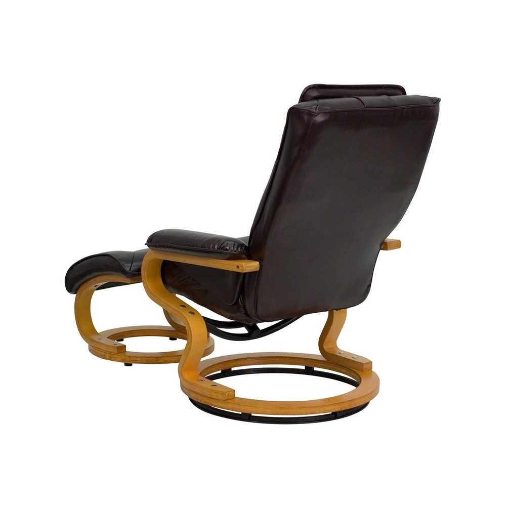 Contemporary Adjustable Recliner and Ottoman with Swivel Maple Wood Base in Brown LeatherSoft
