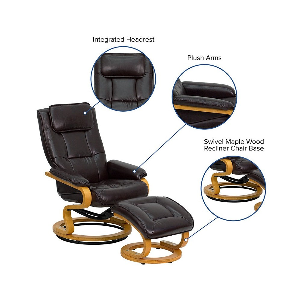 Contemporary Adjustable Recliner and Ottoman with Swivel Maple Wood Base in Brown LeatherSoft
